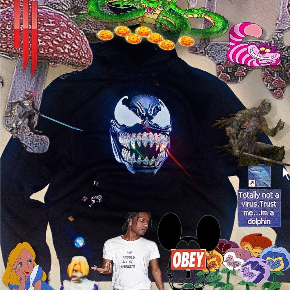 Custom Handmade 1/1 Noir Complete Icy Symbiote 
Hoodie Distressed